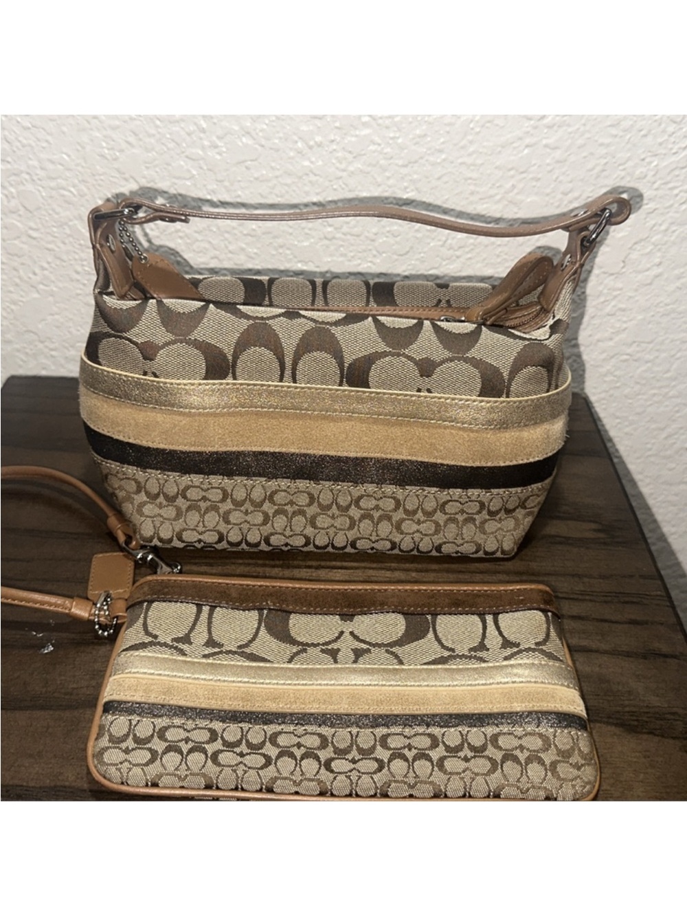 Coach Signature Stripe Shoulder Bag + Matching Wristlet/Clutch
